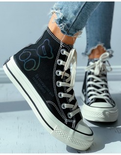 Bear Letter Print Reflective Eyelet Lace up Canvas Shoes