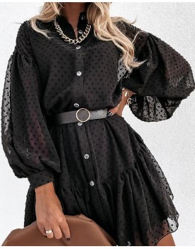 Dot Mesh L tern Sleeve Button Front Casual Dress