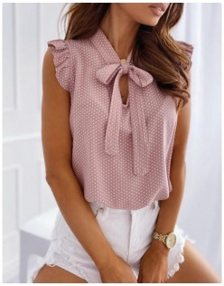 Dot Pr t Ruffles Sleeve Knotted Top