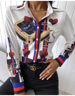 Buttoned  sign Scarf Print Shirt