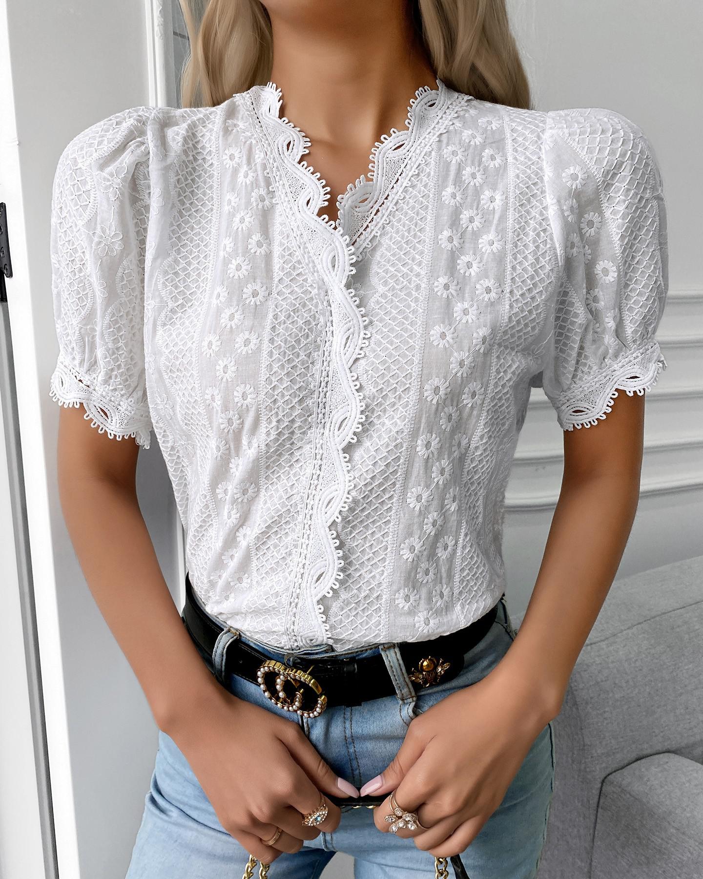 Lace V Neck Wrap Short Puff Sleeve Top
